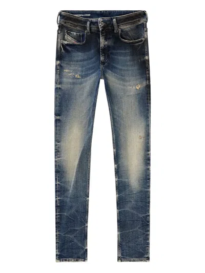 Diesel Sleenker 09n15 Abrasions Leather Patch Jeans In Blue