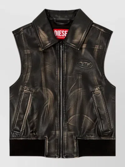 Diesel Sleeveless Blazer Jacket Ribbed Hem Pockets In Brown