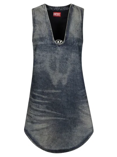 Diesel Sleeveless Denim Top With Deep V-neckline In Blue