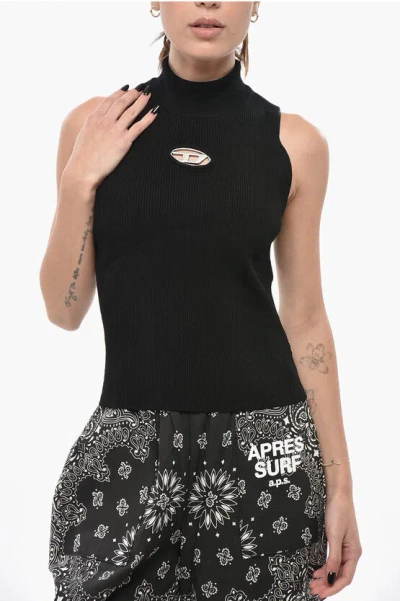 Diesel Sleeveless High-neck Top With Cut-out Logo In Black