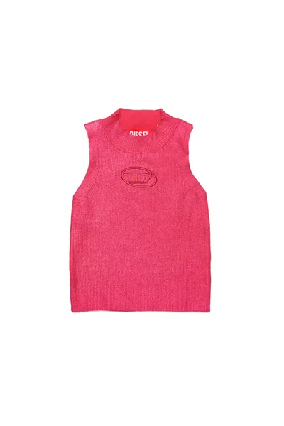 Diesel Kids' Top Smanicato In Maglia A Coste Effetto Mylar In Pink
