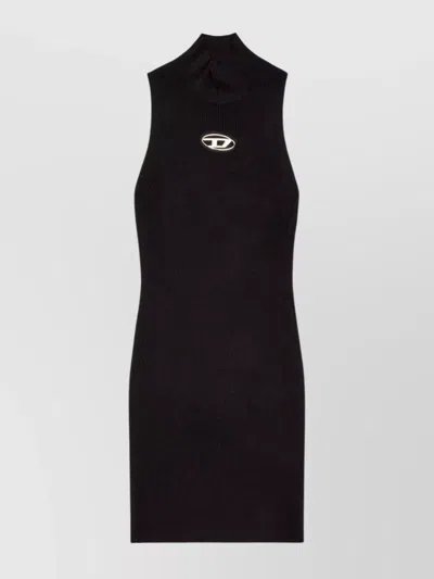 Diesel High Neck Fitted Mini Dress With Ribbed Texture In Black