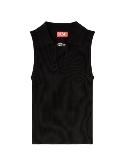 Diesel Sleeveless Ribbed Polo Shirt With Oval D-ring - Women's In Nero