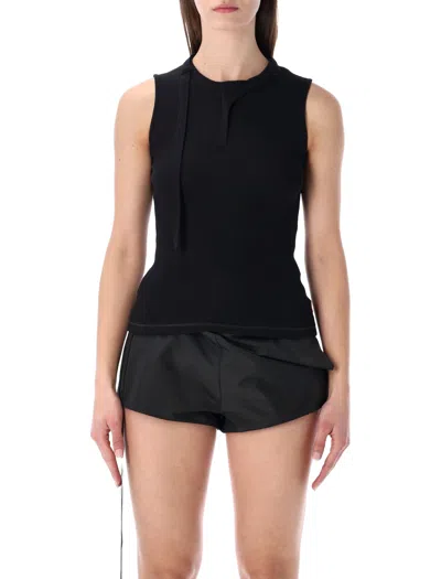 Diesel Sleeveless Ribbed Zip-neck Top With Long Tie Detail In Black