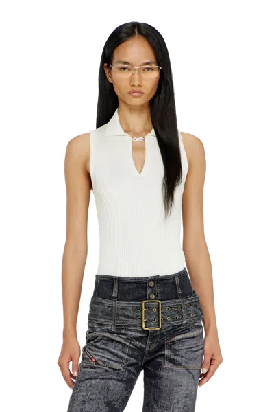 Diesel Sleeveless Rib-knit Polo Top In Silk Blend In White