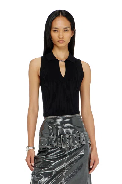 Diesel Sleeveless Rib-knit Polo Top In Silk Blend In Black