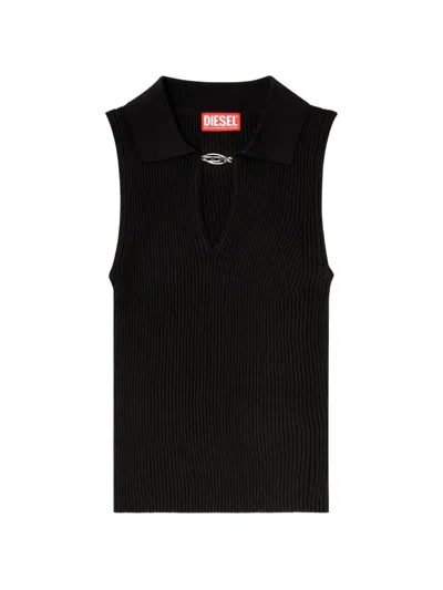 Diesel Sleeveless Rib-knit Polo Top In Silk Blend In Black