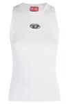 Diesel Sleeveless Round Neck Top With Ribbed Knit And Metallic Logo In White