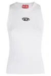 Diesel Sleeveless Round Neck Top With Ribbed Knit And Metallic Logo In White