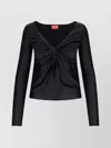 Diesel Long Sleeved Gathered V-neck Top With Chintz Finish In Black