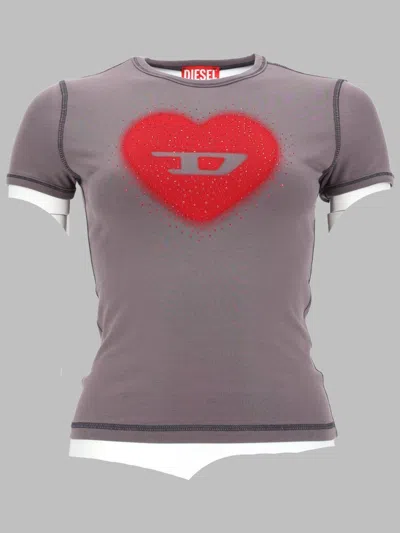 Diesel Slim Fit T-shirt With Heart Print And Studs In Burgundy