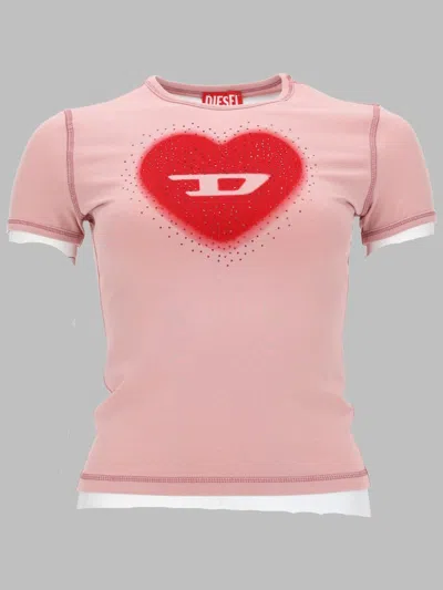 Diesel Slim Fit T-shirt With Heart Stamp And Studs In Pink