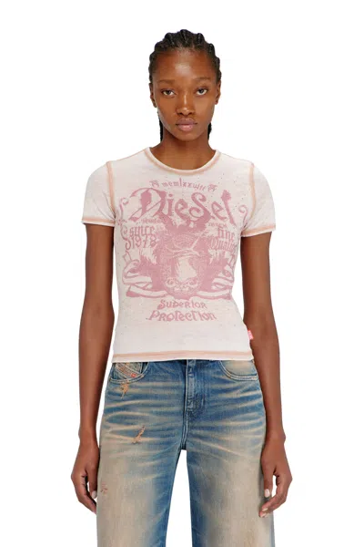Diesel Slim Jersey T-shirt With Print And Studs In Pink