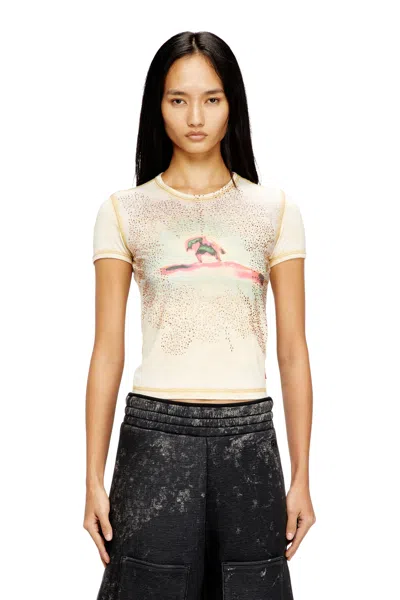 Diesel Slim T-shirt With Rhinestones In Neutral