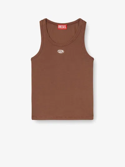 Diesel Slim-fit Ribbed Tank Top With Metal Oval D Logo In Brown