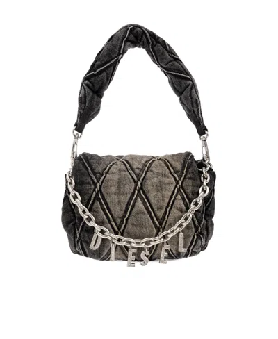 Diesel Small Logo-charm Quilted Denim Bag In Black
