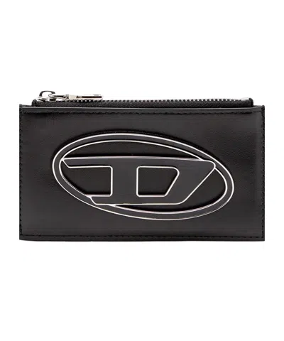 Diesel Smooth Leather Zip Card Holder In Black