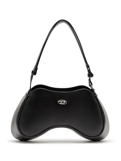 Diesel Smooth Semi-gloss Leather Shoulder Handbag With Adjustable Strap In Black