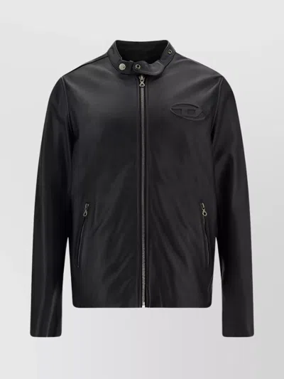 Diesel Snap Button Collar Leather Jacket In Black
