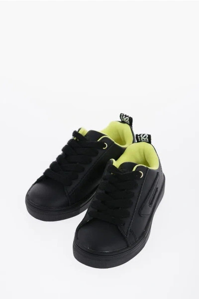Diesel Solid Color Leather S-vaneela Lc Low Top Sneakers With Fluo In Black