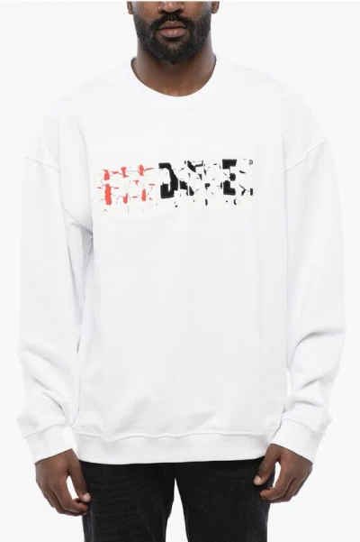Diesel Solid Color S-nabel-m Crew-neck Sweatshirt With Cracked Effe In White