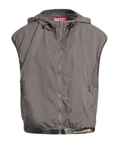 Diesel Solid Color Sleeveless Hooded Coat In Gray