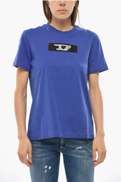 Diesel Solid Color T-reg Crew-neck T-shirt With Sequined Detail In Blue
