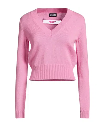 Diesel Solid Color Wool V-neck Long Sleeve In Pink