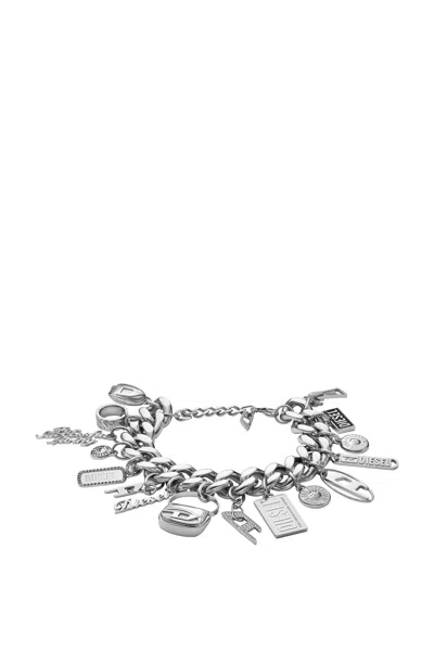 Diesel Stainless Steel Charm Chain Bracelet In Silver