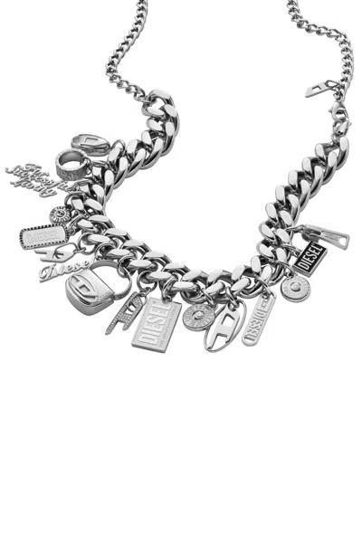 Diesel Stainless Steel Charm Chain Necklace In Metallic