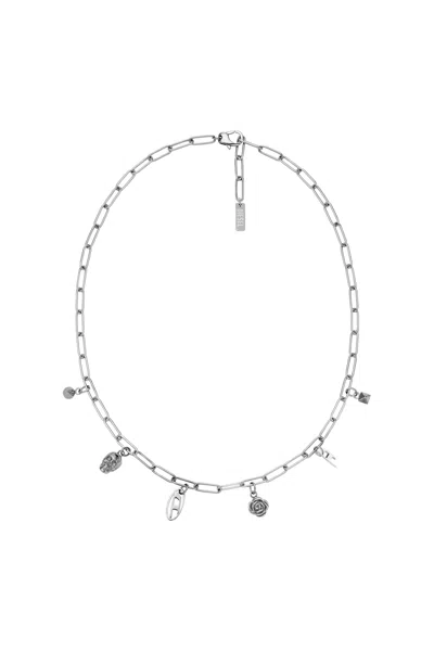 Diesel Stainless Steel Charm Necklace In Silver