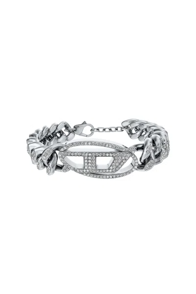 Diesel Stainless Steel Oval D Glitz Chain Bracelet In Silver
