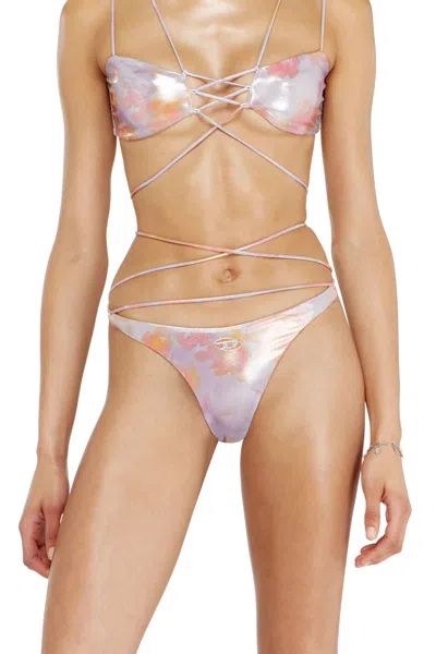 Diesel Strappy Metallic Bikini Bottoms With Floral Print In White