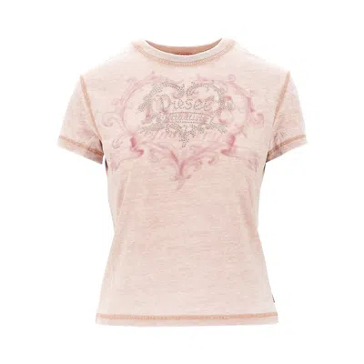 Diesel Rhinestone-embellished Burnout Jersey T-shirt In Pink