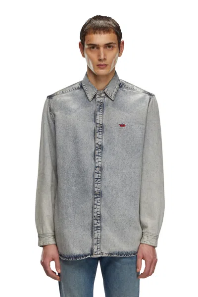 Diesel Stretch Denim Shirt With Coated Yoke In Blue