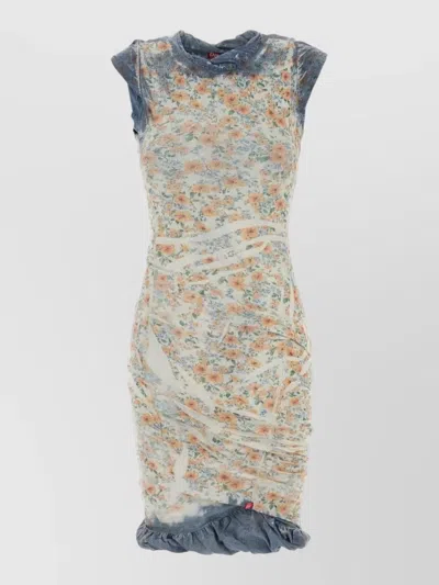 Diesel Stretch Dress Floral Pattern Sheer Overlay In Gray
