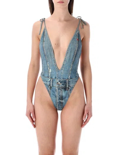 Diesel Stretch Recandcled Fabric Swimsuit With Adjustable Ties - Size S In Denim Print