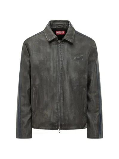 Diesel Stripe-zip Leather Jacket In Green