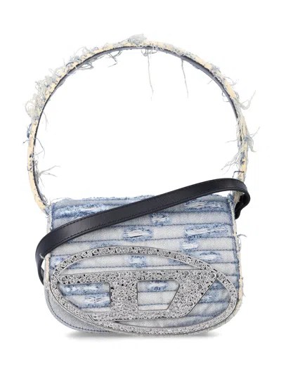 Diesel Structured Blue Denim Shoulder Bag With Rhinestone Logo