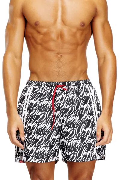 Diesel Swim Shorts With All-over Logo Print In Black