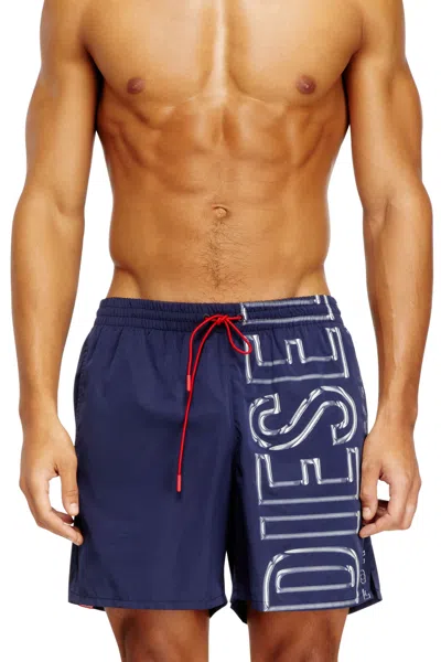 Diesel Swim Shorts With Oversized Logo Print In Blue