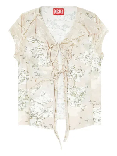 Diesel T-afrymy Lace-up Floral Top In Neutral