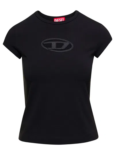 DIESEL 'T-ANGIE' BLACK CREWNECK T-SHIRT WITH OVAL D LOGO EMBROIDERY ON THE FRONT IN COTTON STRETCH WOMAN
