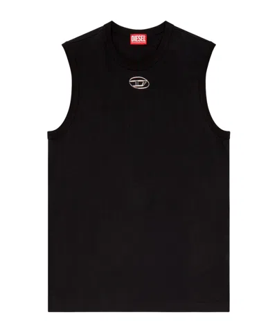 Diesel T-bisco-iod Black Sleeveless Top With Logo Detail On The Front In Cotton Man In Metallic