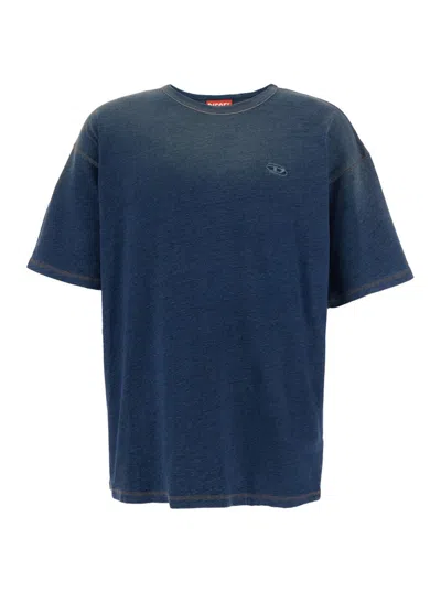 DIESEL 'T-BOXT' BLUE T-SHIRT WITH OVAL D LOGO EMBROIDERY ON THE FRONT AND CONTRASTING STITCHING IN COTTON M