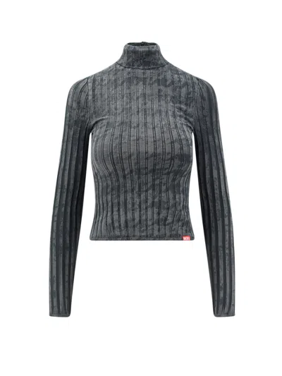 Diesel Stretch Cotton High Neck Long Sleeve Top In Gray