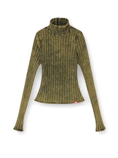 Diesel High Neck Fitted Cotton Long Sleeve Top In Green