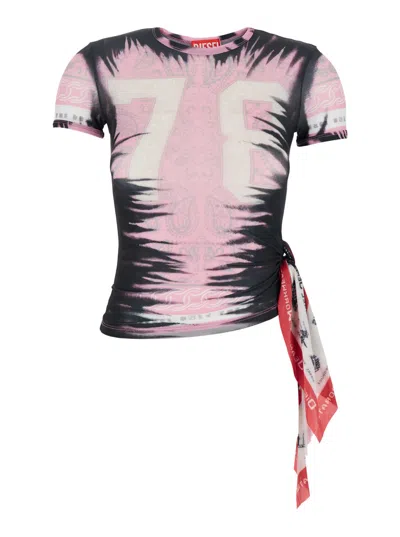 Diesel T-dasha Multicolor T-shirt With All-over Bandana Print And Side Scarf Detail In Fabric Woman