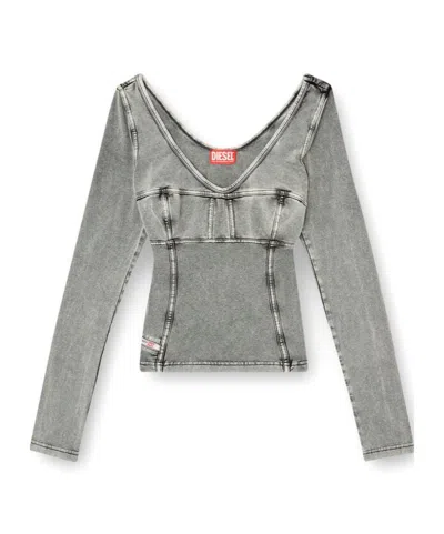 Diesel T-elin Long-sleeve Top With Denim Effect In Grey