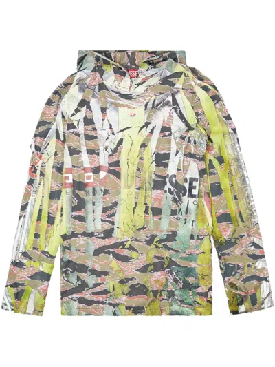 Diesel Camo Hooded Top With Cracked Over-print In Multicolor
